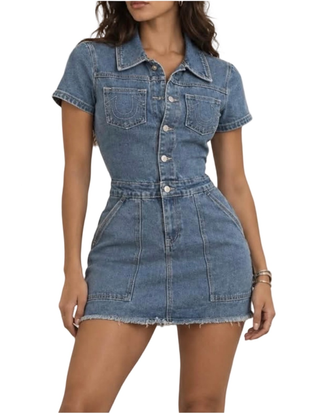 True Religion Button-front Denim Mini Dress in Light Pacific Wash LG NWT